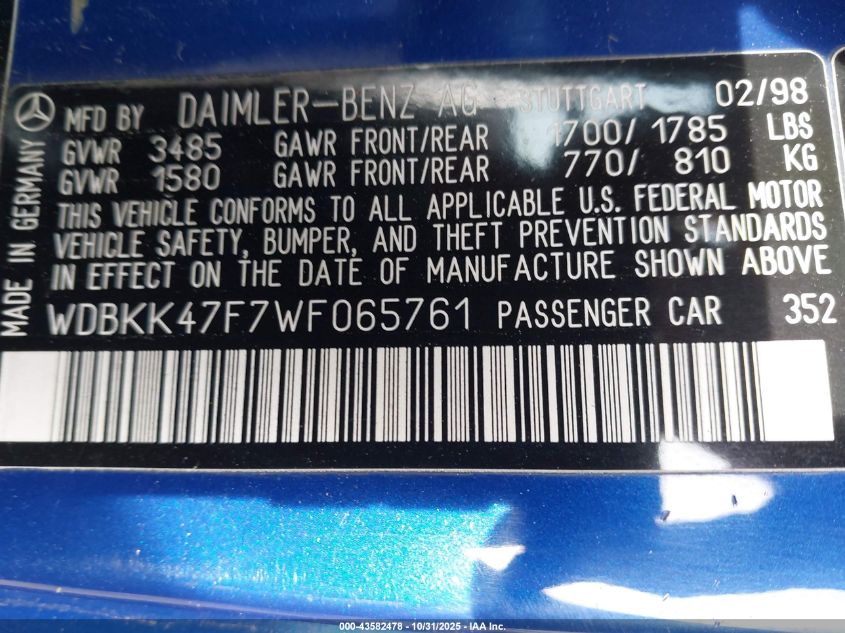 1998 Mercedes-Benz Slk 230 Kompressor VIN: WDBKK47F7WF065761 Lot: 43582478