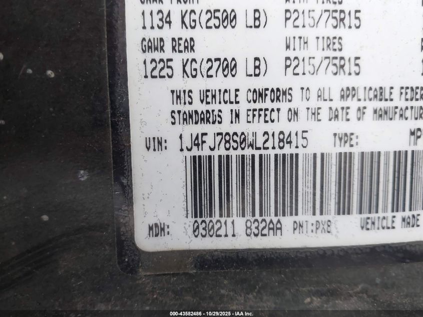 1998 Jeep Cherokee Limited VIN: 1J4FJ78S0WL218415 Lot: 43582486