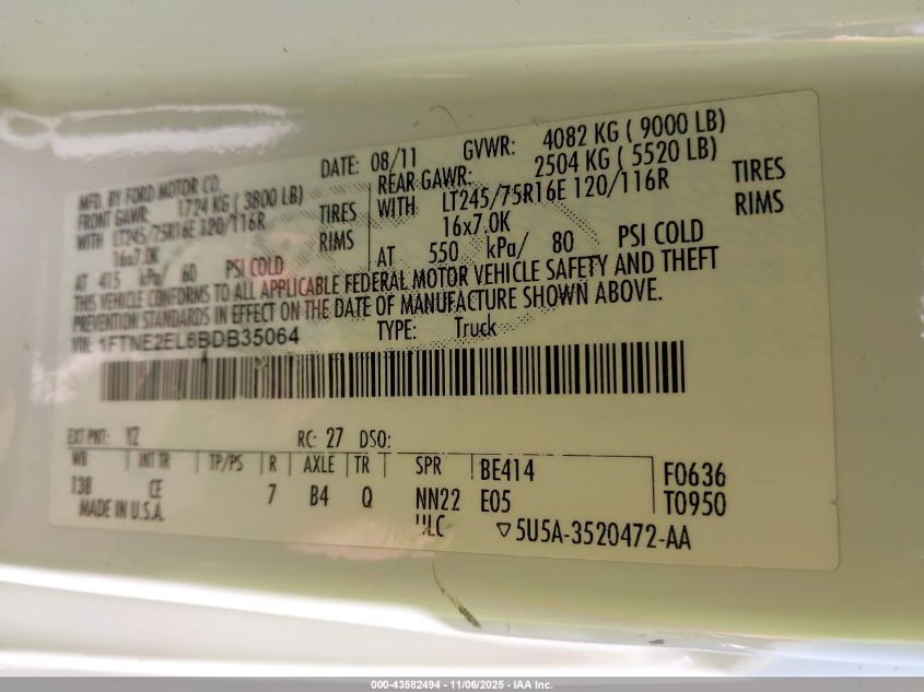 2011 Ford E-250 Commercial VIN: 1FTNE2EL6BDB35064 Lot: 43582494