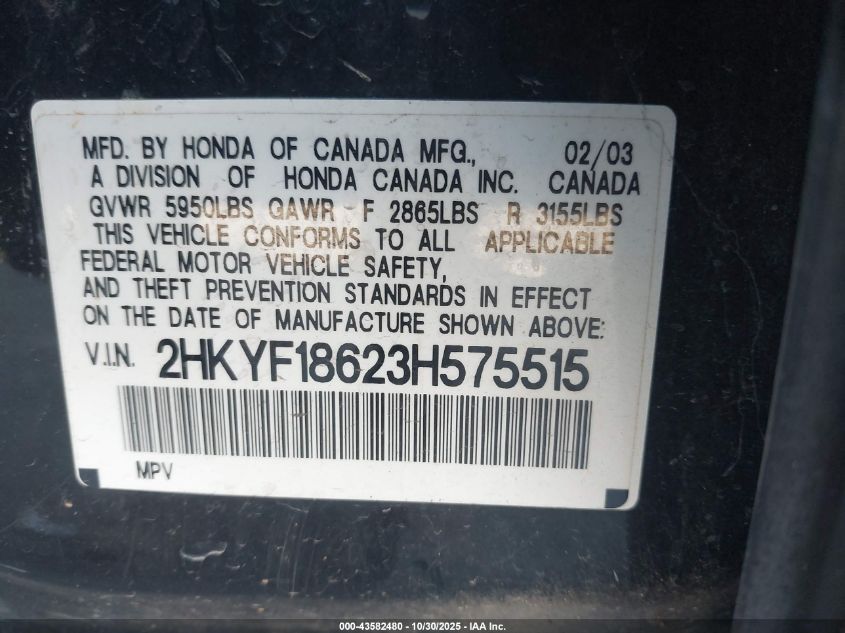 2003 Honda Pilot Ex-L VIN: 2HKYF18623H575515 Lot: 43582480