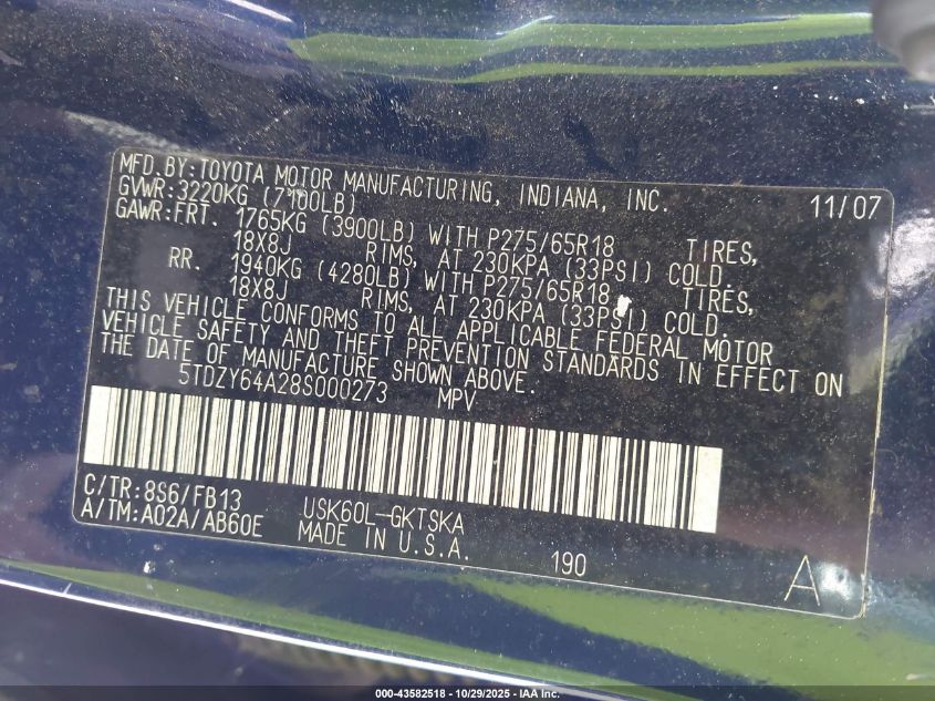 2008 Toyota Sequoia Sr5 5.7L V8 VIN: 5TDZY64A28S000273 Lot: 43582518