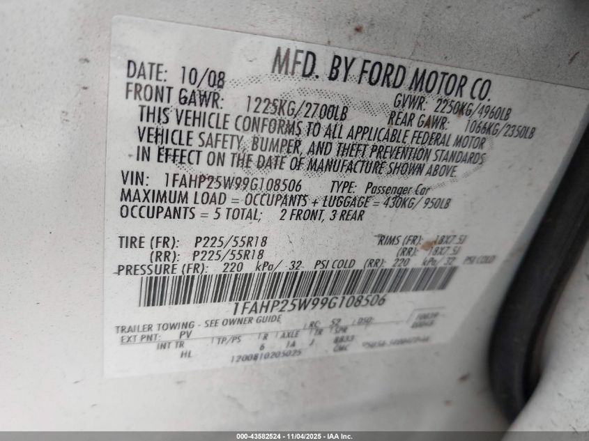 2009 Ford Taurus Limited VIN: 1FAHP25W99G108506 Lot: 43582524