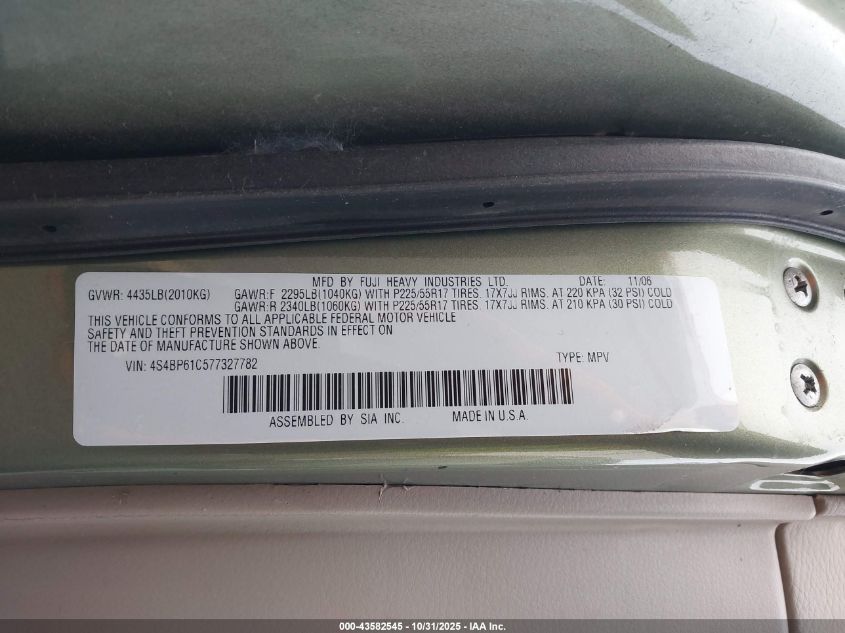 2007 Subaru Outback 2.5I VIN: 4S4BP61C577327782 Lot: 43582545