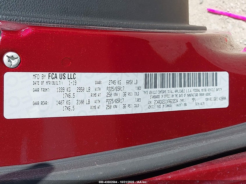 2019 Dodge Grand Caravan Gt VIN: 2C4RDGEG1KR623534 Lot: 43582584