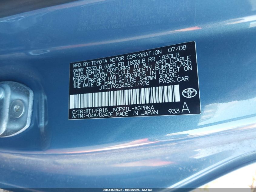 2008 Toyota Yaris VIN: JTDJT923485217928 Lot: 43582622