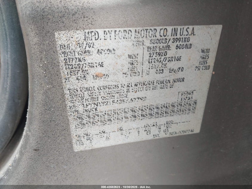 2003 Ford F-250 Lariat/Xl/Xlt VIN: 1FTNW21F43EA67792 Lot: 43582623