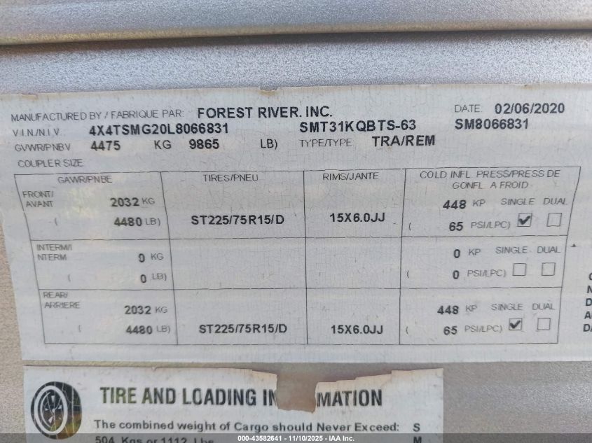 2020 Salem Smt31K Qbts VIN: 4X4TSMG20L8066831 Lot: 43582641