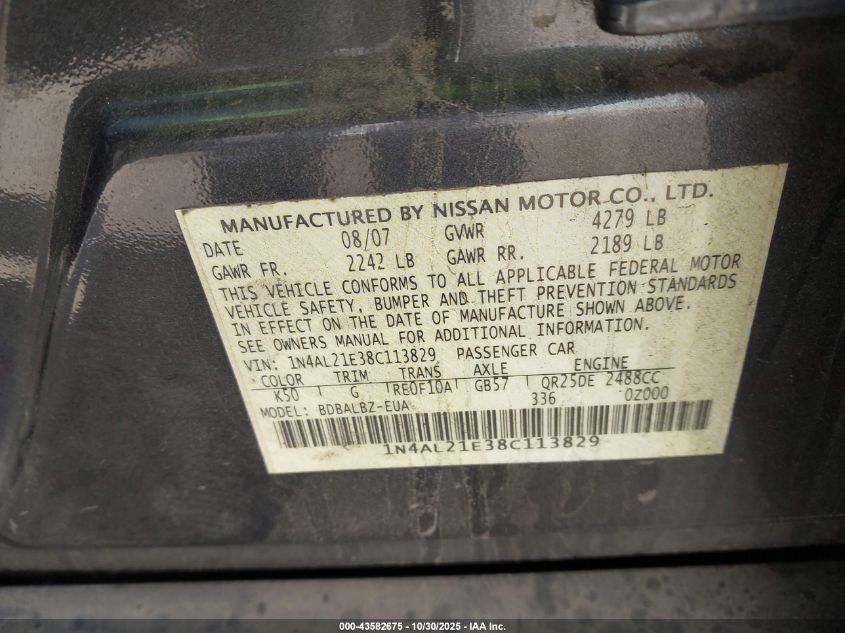 2008 Nissan Altima 2.5 S VIN: 1N4AL21E38C113829 Lot: 43582675