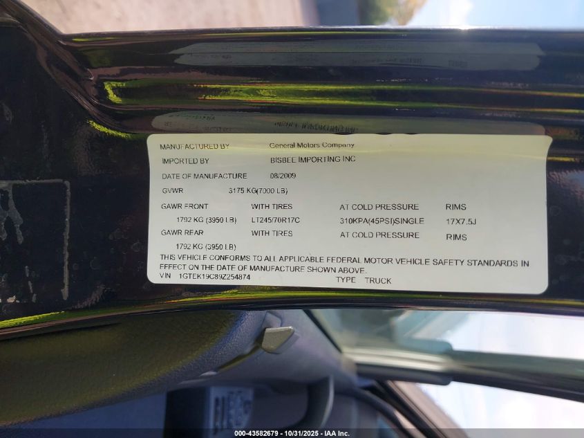 2009 GMC Sierra 1500 Sl/Work Truck VIN: 1GTEK19C89Z254874 Lot: 43582679