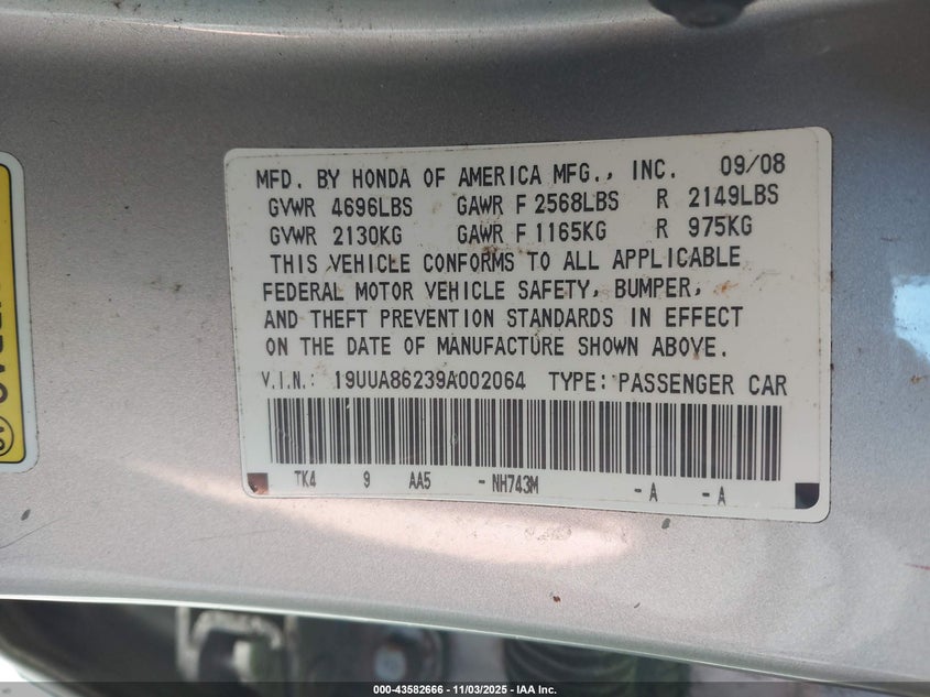 2009 Acura Tl 3.5 VIN: 19UUA86239A002064 Lot: 43582666