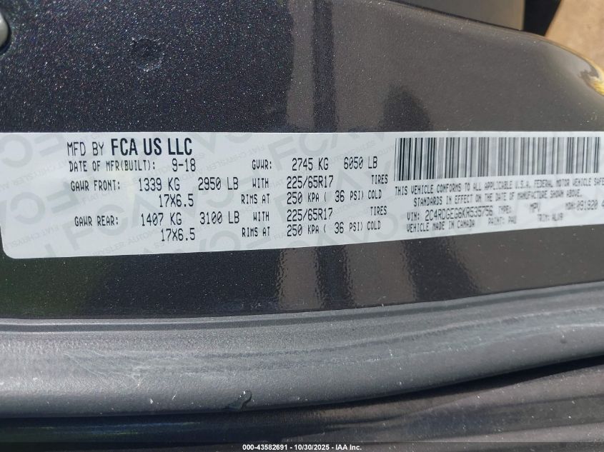 2019 Dodge Grand Caravan Gt VIN: 2C4RDGEG6KR535756 Lot: 43582691