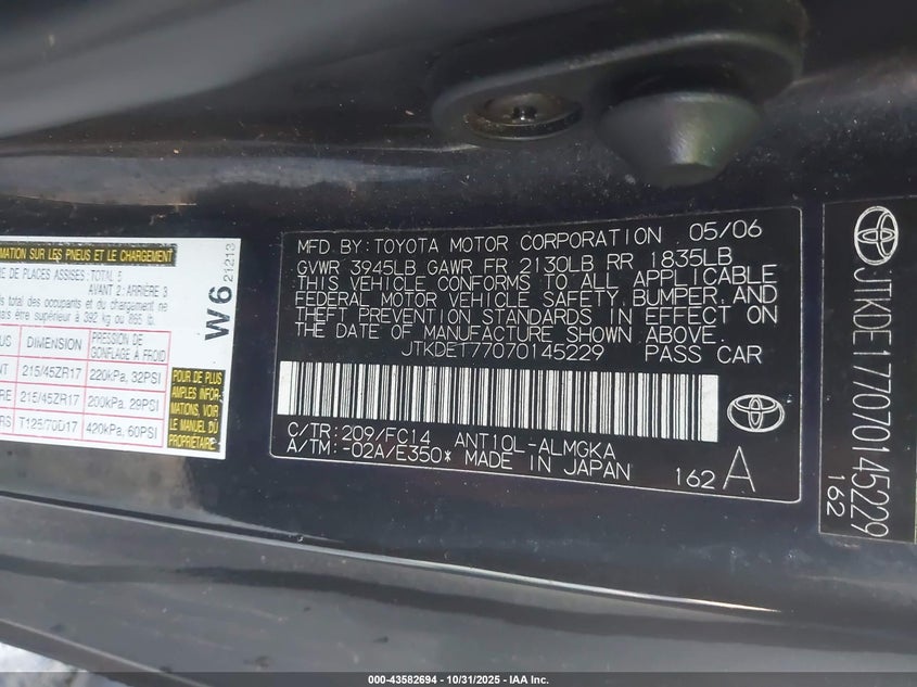 2007 Scion Tc VIN: JTKDE177070145229 Lot: 43582694