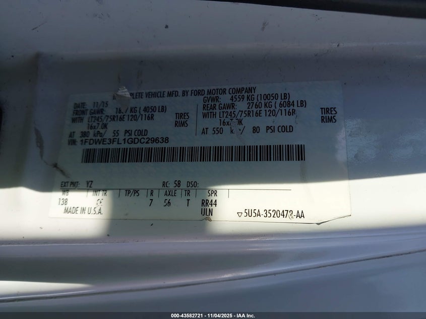 2016 Ford E-350 Cutaway VIN: 1FDWE3FL1GDC29638 Lot: 43582721