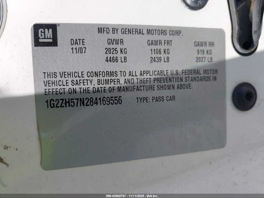 2008 Pontiac G6 Gt VIN: 1G2ZH57N284169556 Lot: 43582757