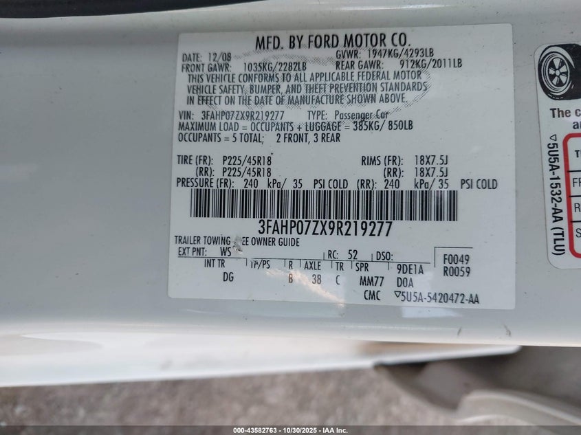 2009 Ford Fusion Se VIN: 3FAHP07ZX9R219277 Lot: 43582763