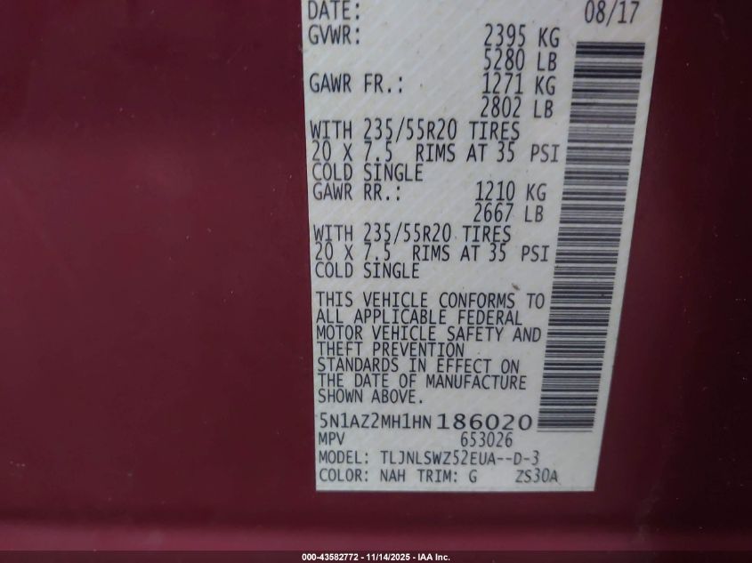 2017 Nissan Murano Platinum VIN: 5N1AZ2MH1HN186020 Lot: 43582772