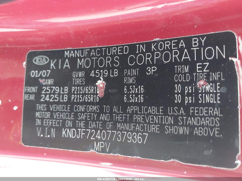 2007 Kia Sportage Lx VIN: KNDJF724077379367 Lot: 43582739