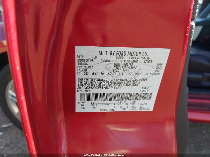 2008 Mercury Mariner Premier VIN: 4M2CU87158KJ37203 Lot: 43582761