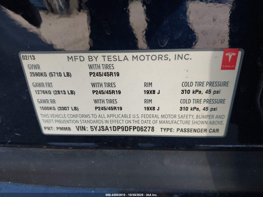 2013 Tesla Model S Performance VIN: 5YJSA1DP9DFP06278 Lot: 43582810