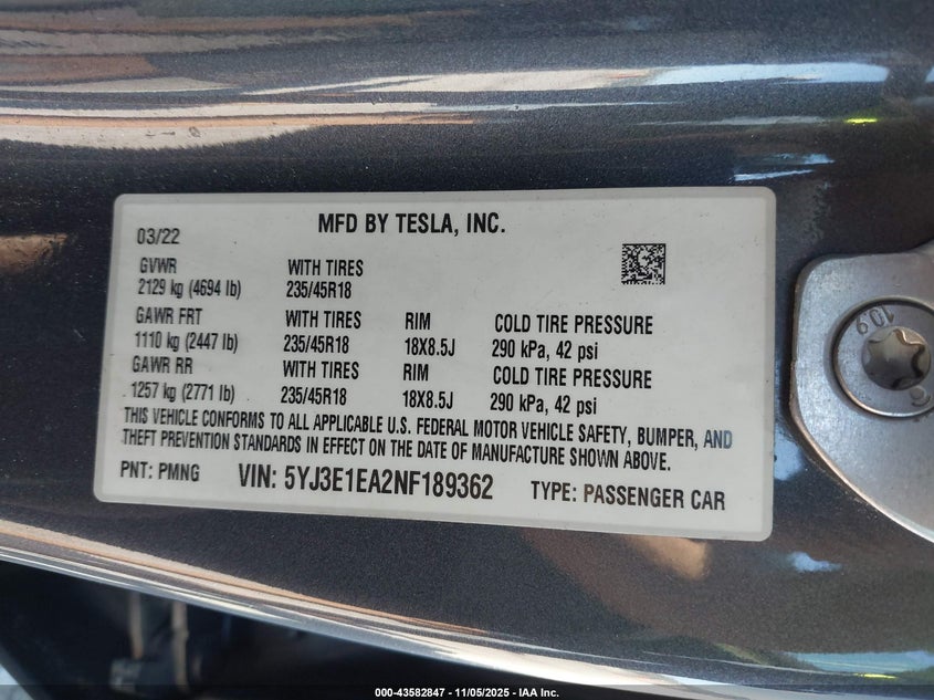 2022 Tesla Model 3 Rear-Wheel Drive VIN: 5YJ3E1EA2NF189362 Lot: 43582847