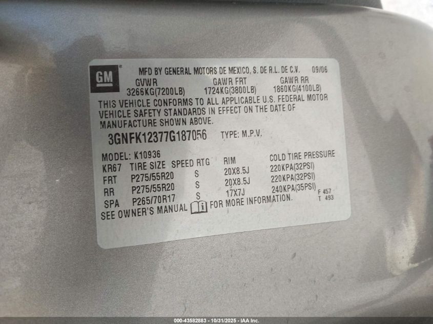 2007 Chevrolet Avalanche 1500 Ltz VIN: 3GNFK12377G187056 Lot: 43582883