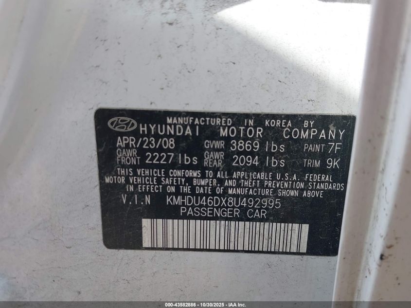 2008 Hyundai Elantra Gls/Se VIN: KMHDU46DX8U492995 Lot: 43582886