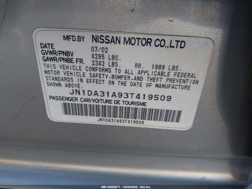 2003 Nissan Maxima Gle VIN: JN1DA31A93T419509 Lot: 43582871