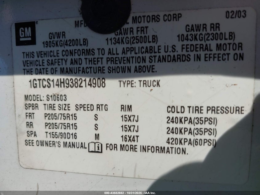 2003 GMC Sonoma Sl VIN: 1GTCS14H938214908 Lot: 43582882