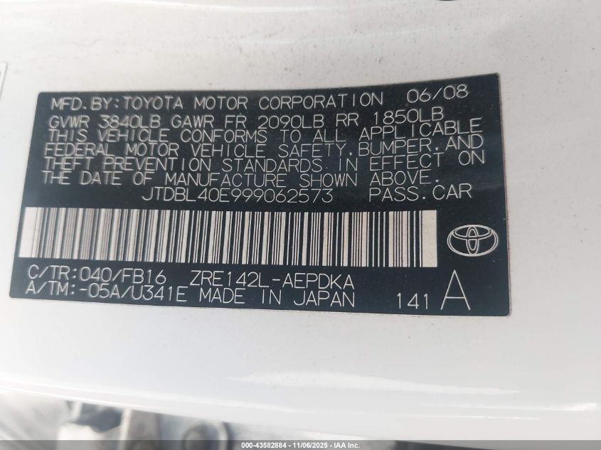 2009 Toyota Corolla Le VIN: JTDBL40E999062573 Lot: 43582884