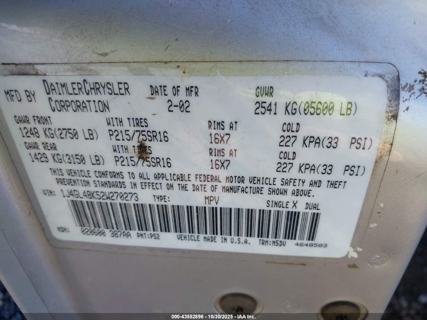 2002 Jeep Liberty Sport VIN: 1J4GL48K52W270273 Lot: 43582896