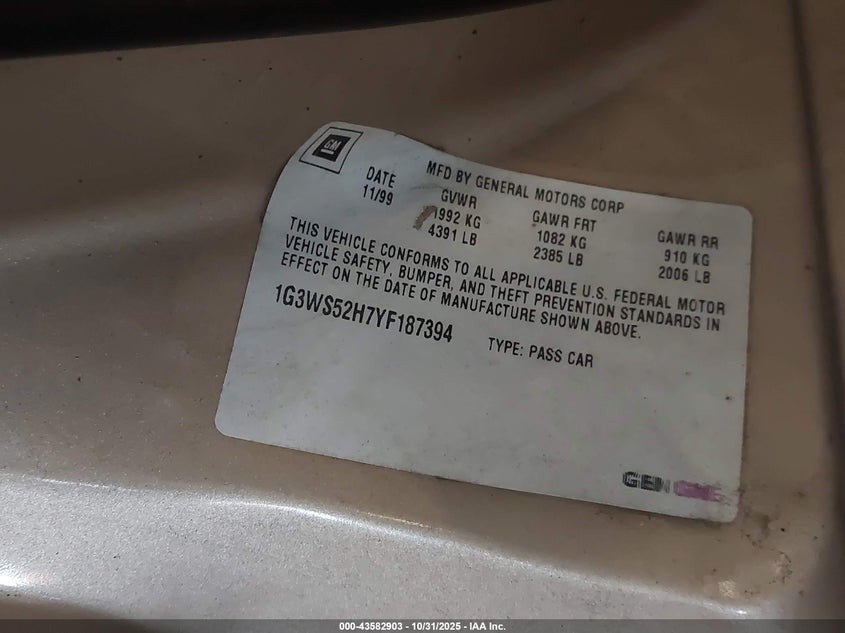 2000 Oldsmobile Intrigue Gl VIN: 1G3WS52H7YF187394 Lot: 43582903