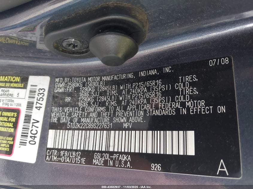 5TDZK22C89S227631 2009 TOYOTA SIENNA photo no. 9