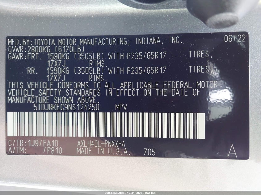 2022 Toyota Sienna Xle VIN: 5TDJRKEC9NS124250 Lot: 43582995