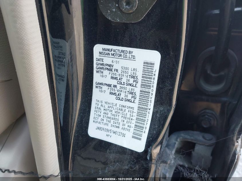 2001 Nissan Pathfinder Le VIN: JN8DR09Y51W612794 Lot: 43583004