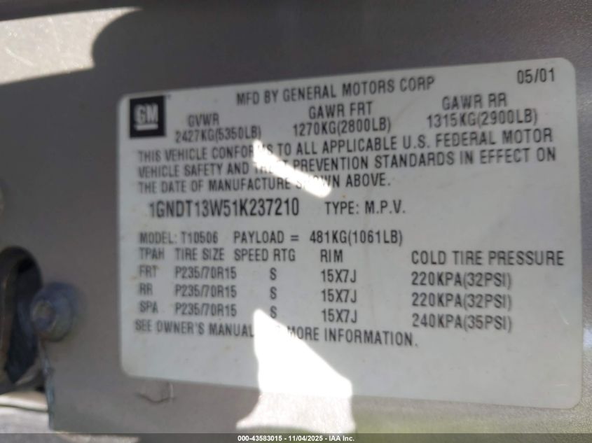2001 Chevrolet Blazer Lt VIN: 1GNDT13W51K237210 Lot: 43583015