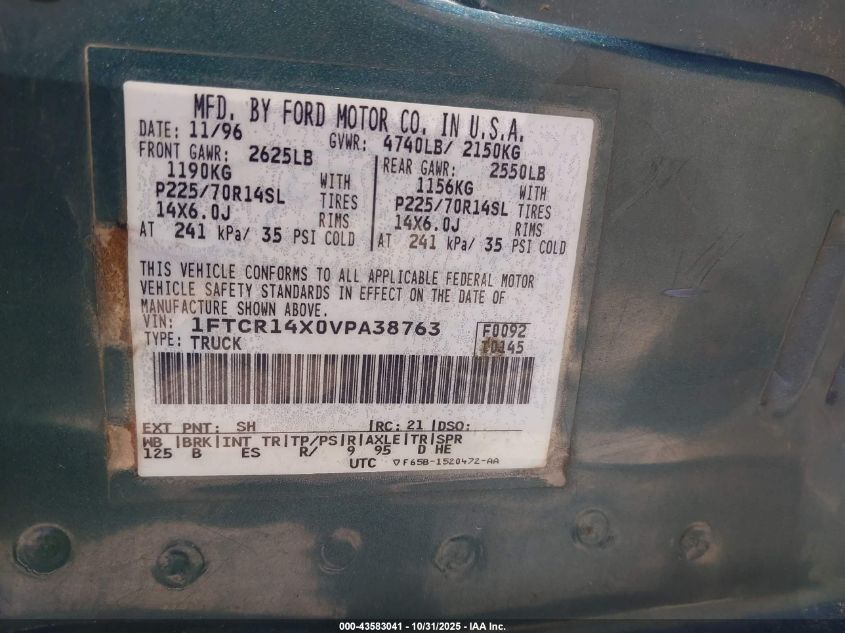 1997 Ford Ranger Splash/Xlt VIN: 1FTCR14X0VPA38763 Lot: 43583041