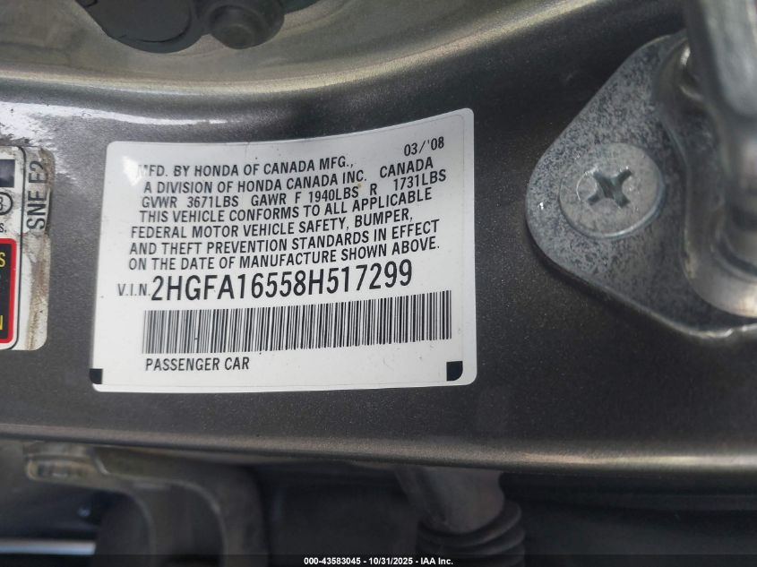 2008 Honda Civic Lx VIN: 2HGFA16558H517299 Lot: 43583045