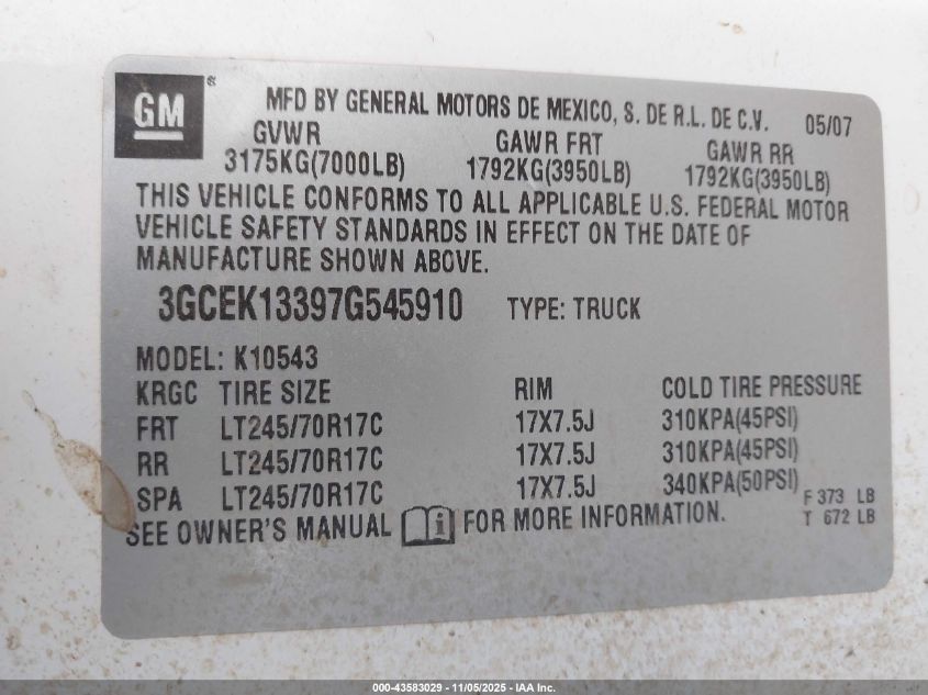 2007 Chevrolet Silverado 1500 Lt1 VIN: 3GCEK13397G545910 Lot: 43583029