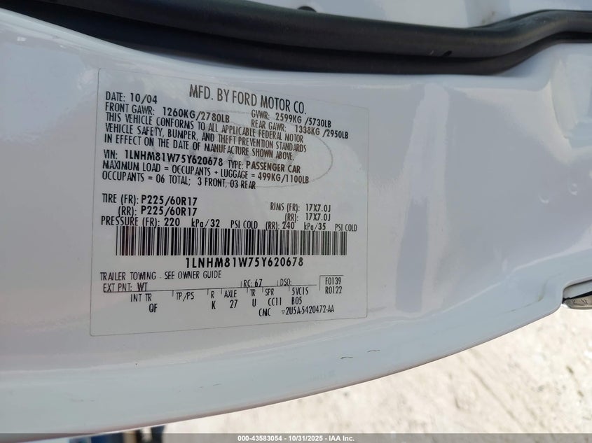 2005 Lincoln Town Car Signature VIN: 1LNHM81W75Y620678 Lot: 43583054