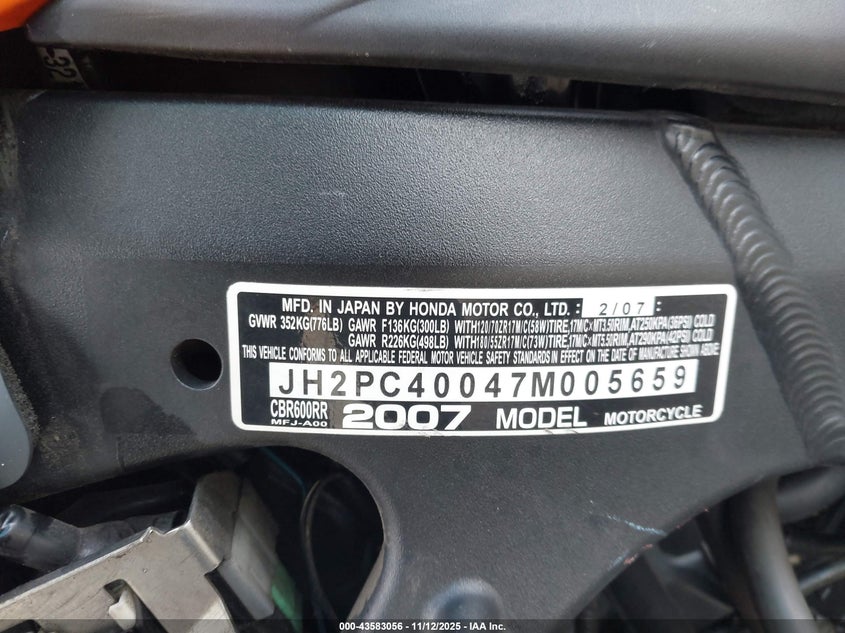 2007 Honda Cbr600 Rr VIN: JH2PC40047M005659 Lot: 43583056