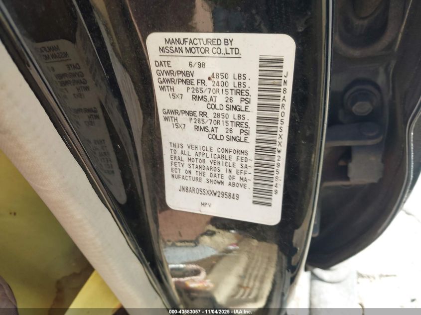 1999 Nissan Pathfinder Le/Se/Xe VIN: JN8AR05SXXW295849 Lot: 43583057