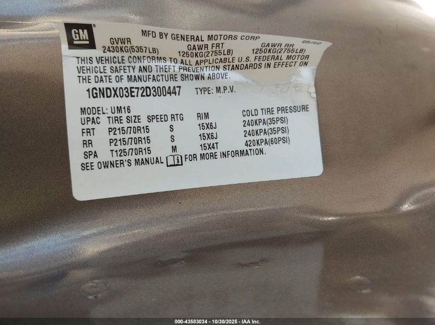 2002 Chevrolet Venture Ls VIN: 1GNDX03E72D300447 Lot: 43583034