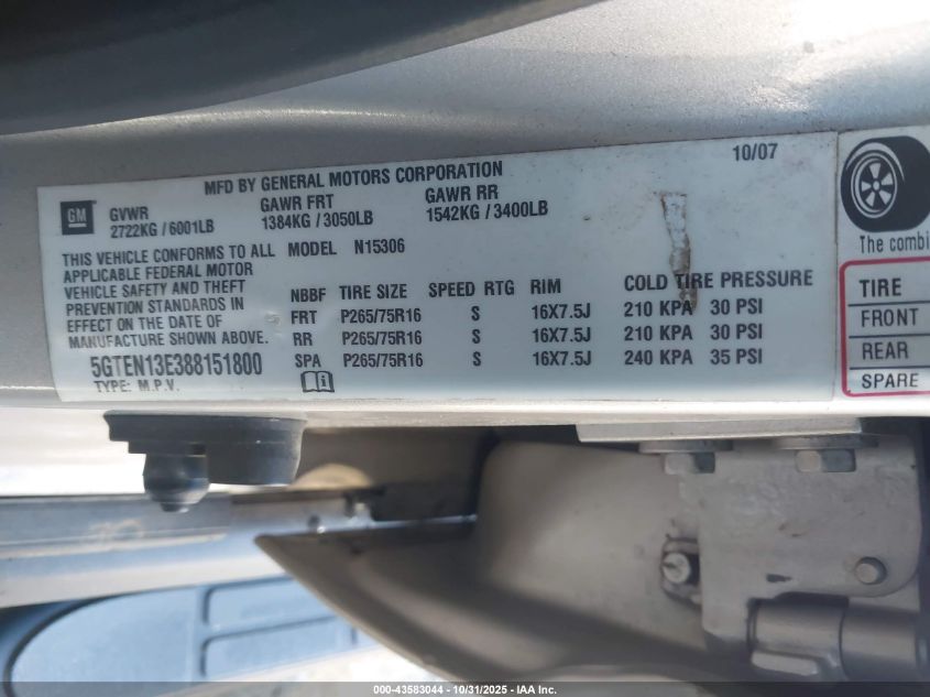 2008 Hummer H3 Suv VIN: 5GTEN13E388151800 Lot: 43583044