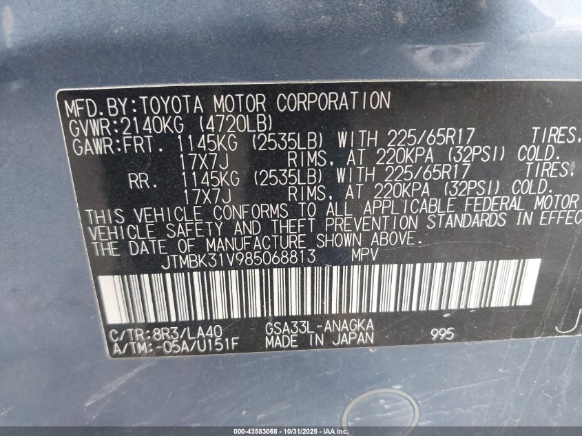 2008 Toyota Rav4 Limited V6 VIN: JTMBK31V985068813 Lot: 43583068