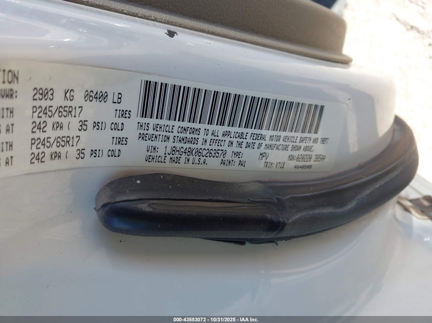 2006 Jeep Commander VIN: 1J8HG48K06C263570 Lot: 43583072