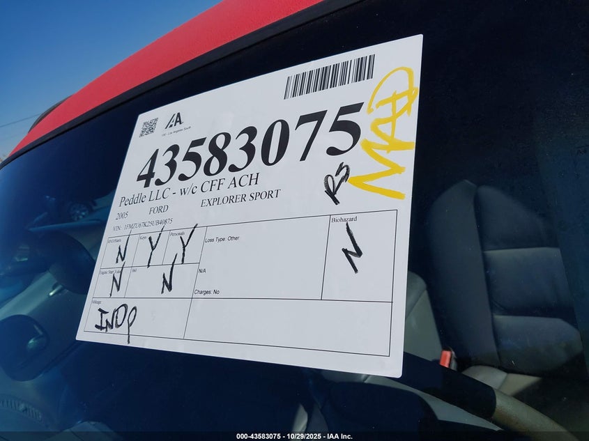 2005 Ford Explorer Sport Trac Adrenalin/Xls/Xlt VIN: 1FMZU67K25UB40875 Lot: 43583075