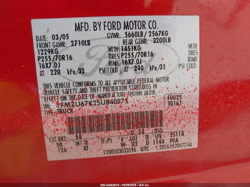 2005 Ford Explorer Sport Trac Adrenalin/Xls/Xlt VIN: 1FMZU67K25UB40875 Lot: 43583075