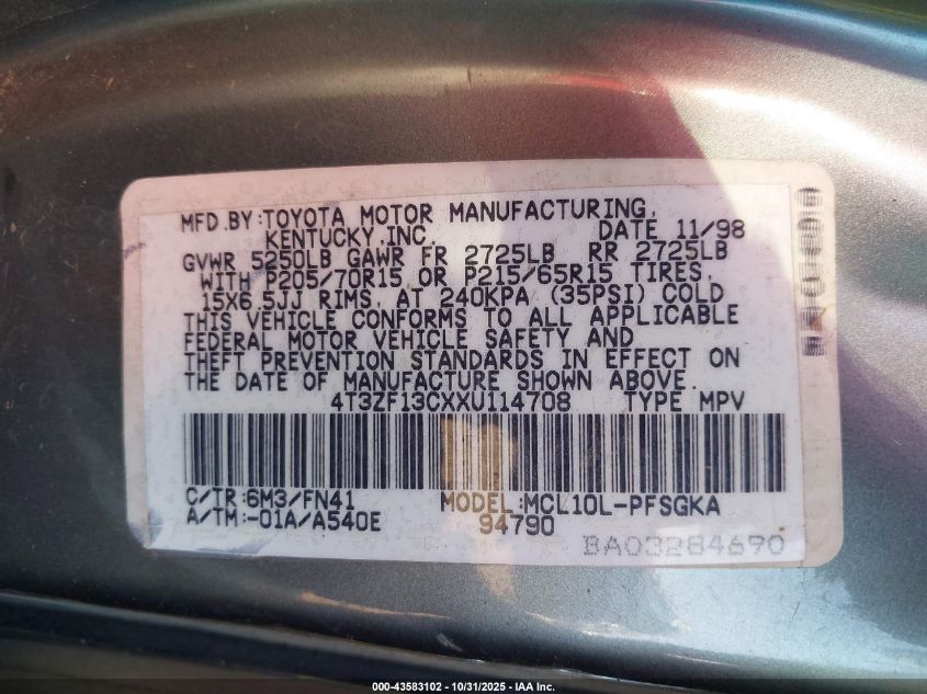 1999 Toyota Sienna Le VIN: 4T3ZF13CXXU114708 Lot: 43583102