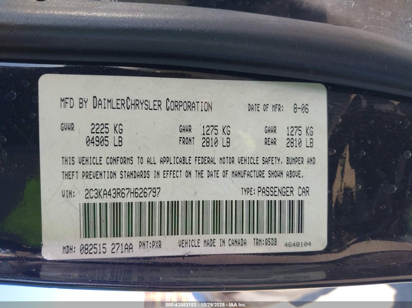 2007 Chrysler 300 VIN: 2C3KA43R67H626797 Lot: 43583153