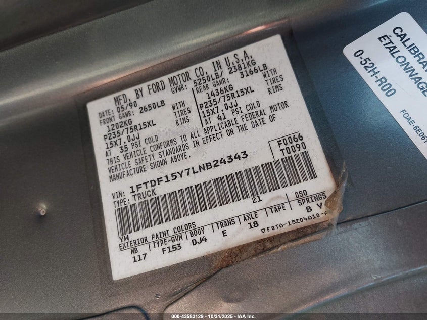 1990 Ford F150 VIN: 1FTDF15Y7LNB24343 Lot: 43583129